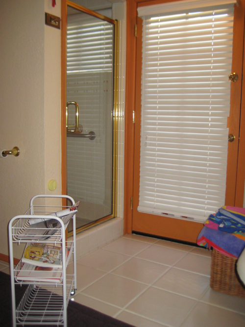 The before image of the bathroom showing shower enclosure with glass door and a toilet stall without a door